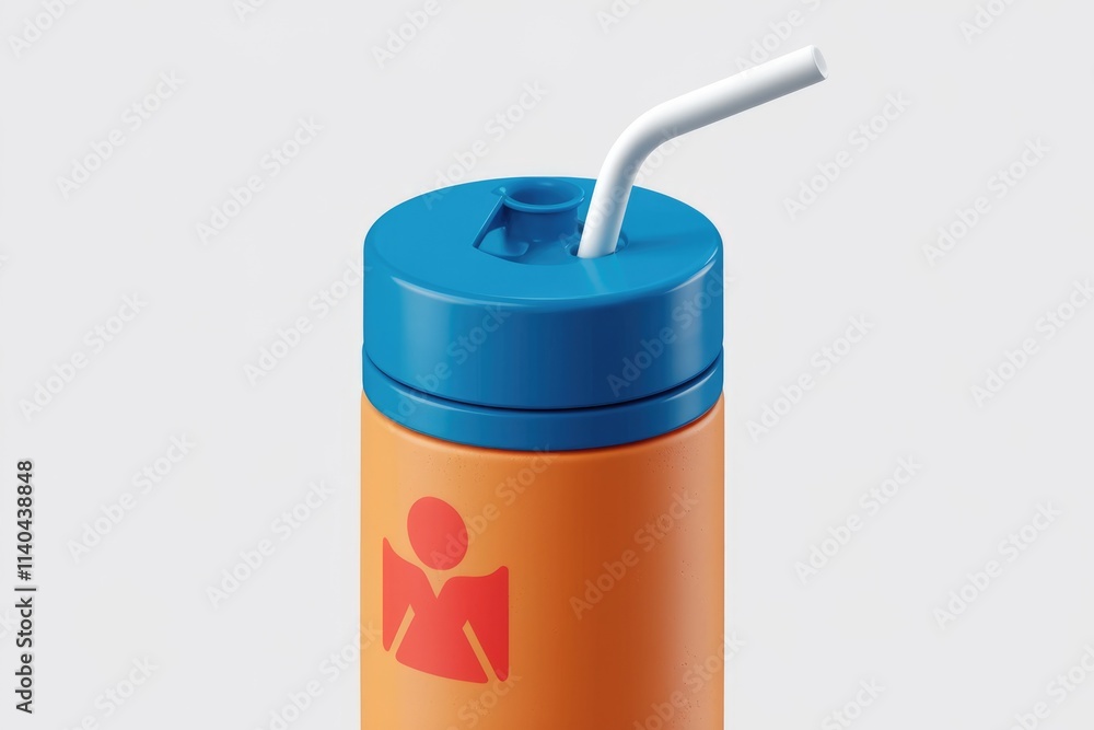 Orange tumbler with blue lid and white straw featuring a simple logo. Orange tumbler with blue lid and white straw featuring a simple logo.