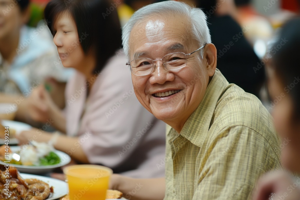 Cheerful Elderly Man Enjoying Meal with Friends Cheerful Elderly Man Enjoying Meal with Friends