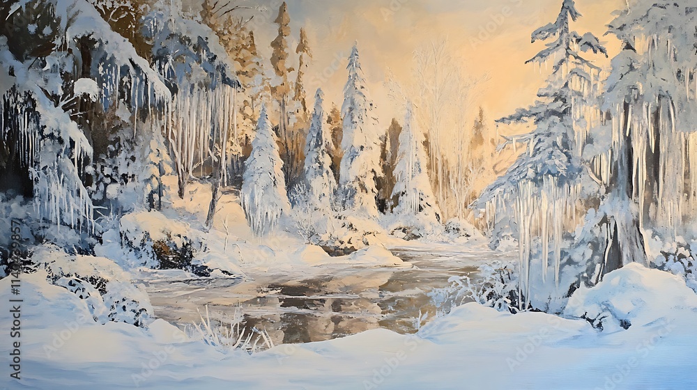 Obraz premium Winter scene with snow-covered trees, sparkling icicles, and a snowy landscape 
