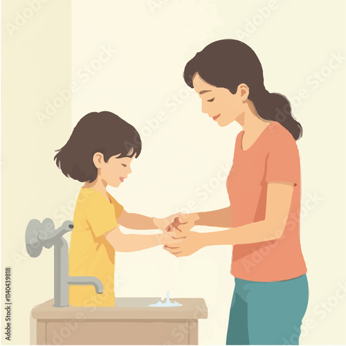 Girl hand washing illustration vector design, Family Washing Hand in basin