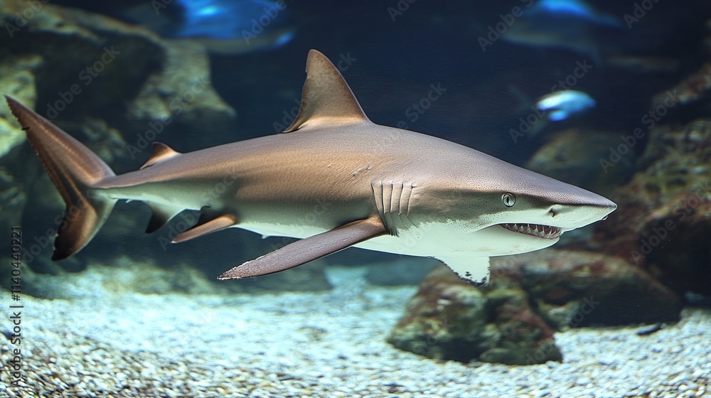 A lone shark swimming in a large aquarium. A lone shark swimming in a large aquarium.