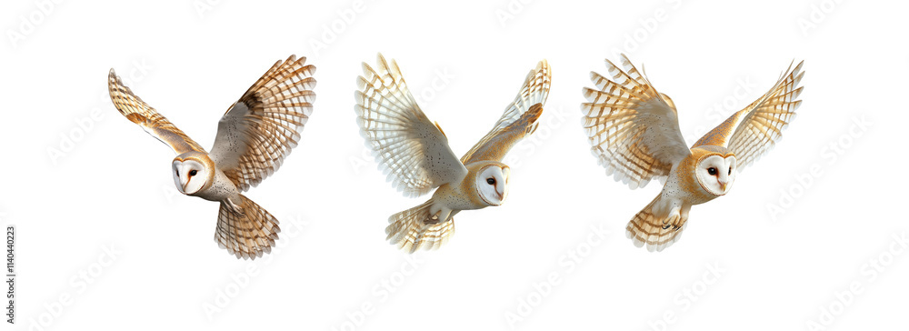 Obraz premium Owl in flight, full body photo, white background.