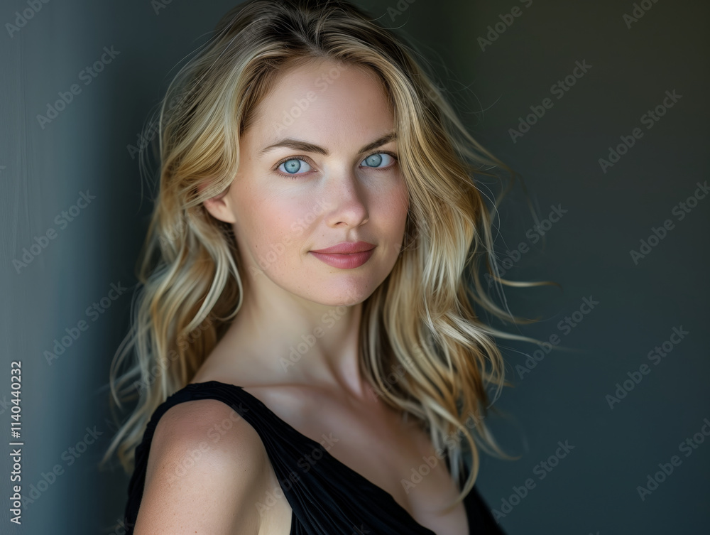 Casual Portrait of a Smiling Blonde Woman in a Simple Black Top gentle smile Casual Portrait of a Smiling Blonde Woman in a Simple Black Top gentle smile