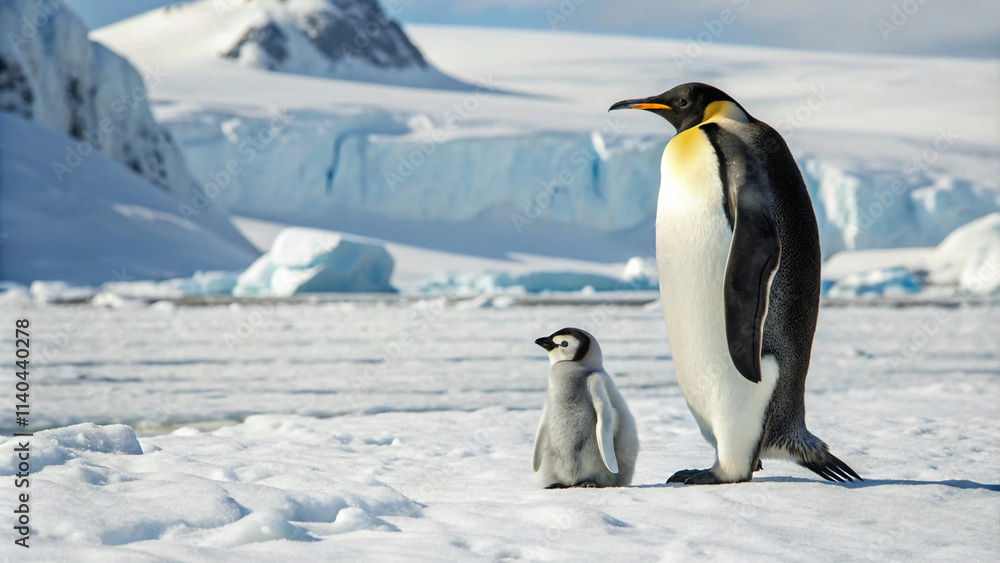 Fototapeta premium A majestic adult Emperor penguin stands tall with its small and fluffy chick on the snowy Antarctic landscape