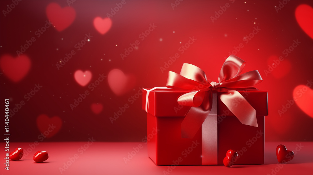 Valentine's Day Gift Concept with Red Box and Heart on Pink Background Valentine's Day Gift Concept with Red Box and Heart on Pink Background