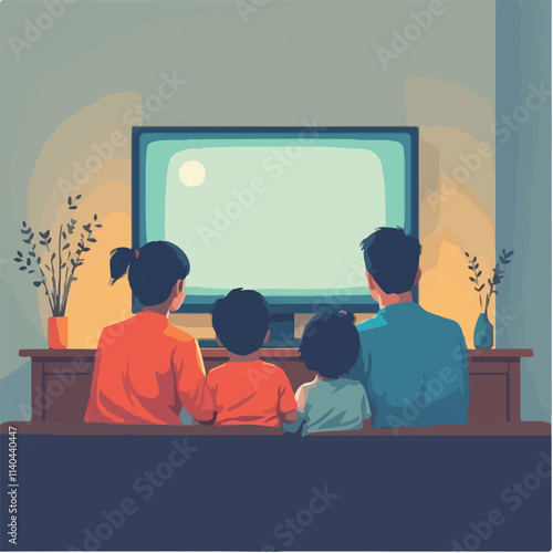 Family Watching TV Illustration vector design, Kids watching vector design