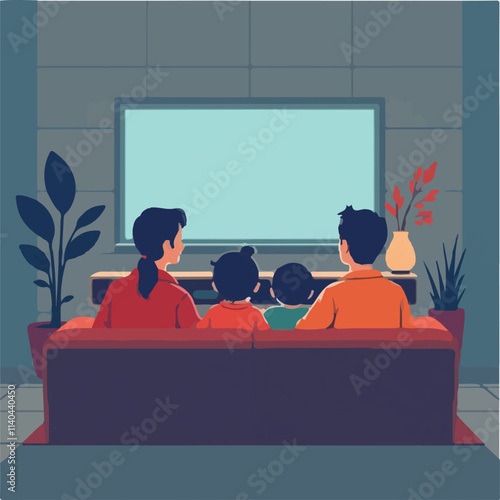 Family Watching TV Illustration vector design, Children watching vector design