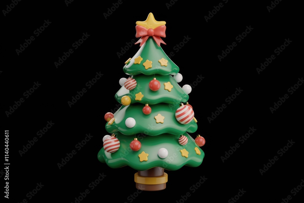 A 3D rendered cartoon Christmas tree adorned with colorful ornaments and a star. A 3D rendered cartoon Christmas tree adorned with colorful ornaments and a star.