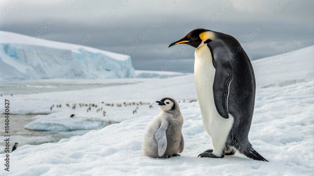 Fototapeta premium A stunning image of a parent and child Emperor penguin amidst the breathtaking Antarctic scenery