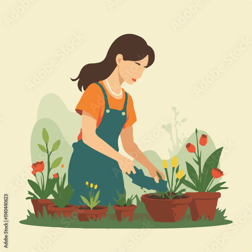 Mother working in garden illustration vector design, Mother gardening vector design