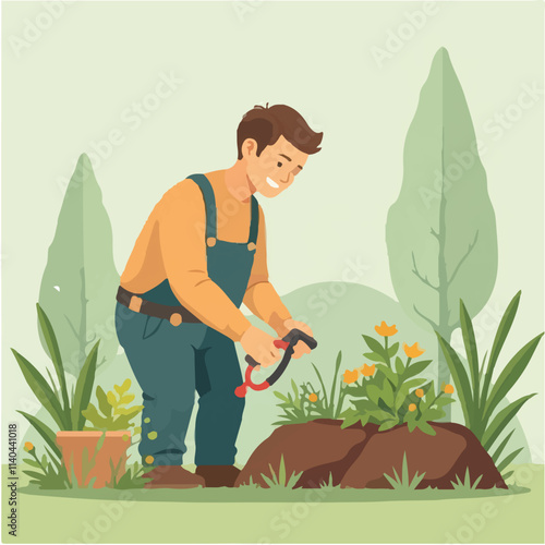 Father working in garden Illustration vector design, Father gardening vector design