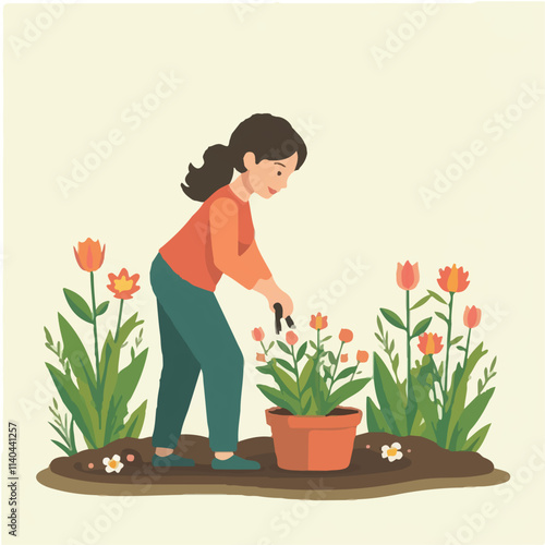 Mother working in garden illustration vector design, Mother gardening vector design