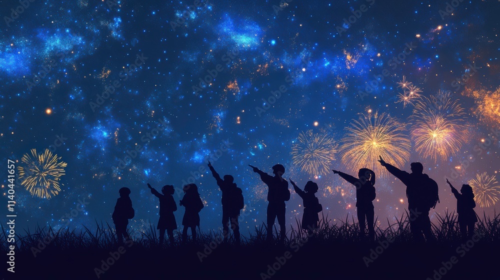 Starry Night Fireworks Family: Silhouetted family marveling at a breathtaking firework display against a vibrant night sky, capturing wonder, togetherness, and the magic of shared moments. Starry Night Fireworks Family: Silhouetted family marveling at a breathtaking firework display against a vibrant night sky, capturing wonder, togetherness, and the magic of shared moments.