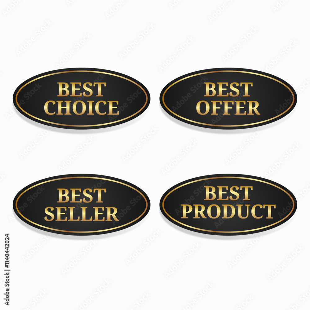 Set of black and gold oval sale stickers on a white background. Black and gold sale labels. Set of black and gold oval sale stickers on a white background. Black and gold sale labels.