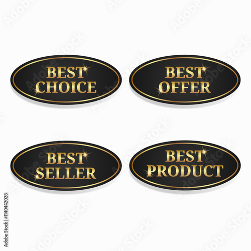 Set of black and gold oval sale stickers on a white background. Black and gold shiny sale labels.