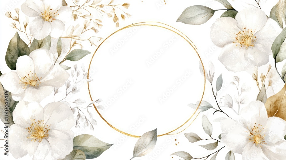 White Flowers and Golden Circle Frame Watercolor Illustration White Flowers and Golden Circle Frame Watercolor Illustration
