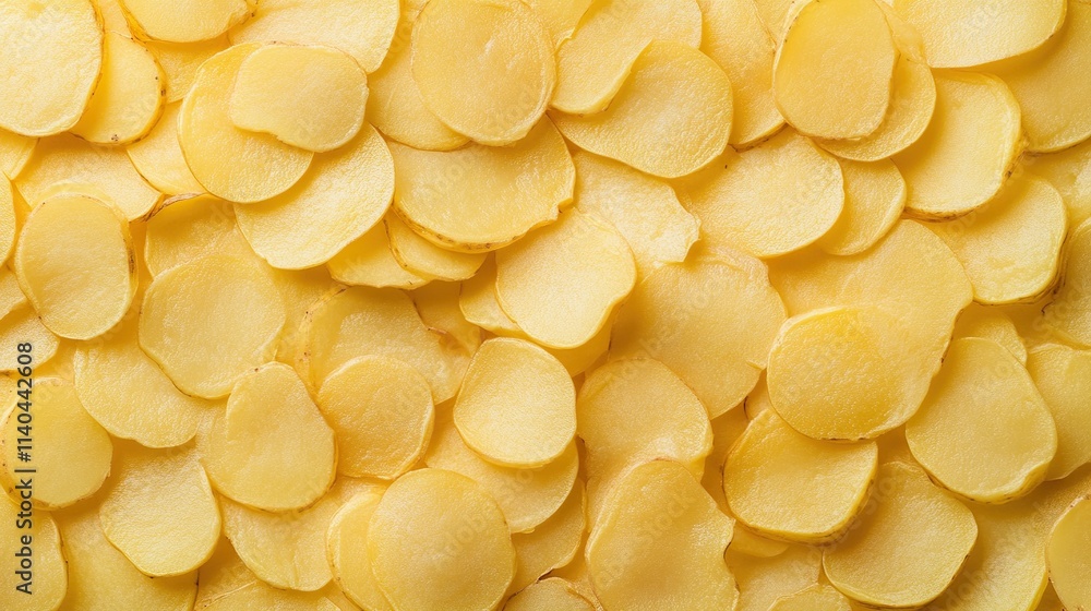 Close-up of thinly sliced raw potatoes. Close-up of thinly sliced raw potatoes.