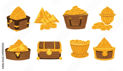 Cartoon treasure chest vector set, gold treasure box illustration, golden treasure chest isolated on white background, pirate treasures clip art, wooden treasure chest full of gold coins