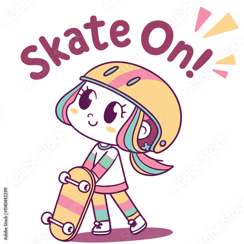Cute Cartoon Girl with Skateboard Wearing Helmet and Colorful Outfit Encouraging Fun Activity
