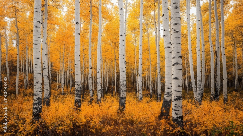 Fototapeta premium A serene forest scene filled with vibrant yellow foliage and white birch trees.