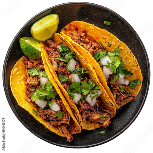 Extreme top view of an extremely perfect looking tacos de birria in a dark ceramic plate isolated on a white transparent background