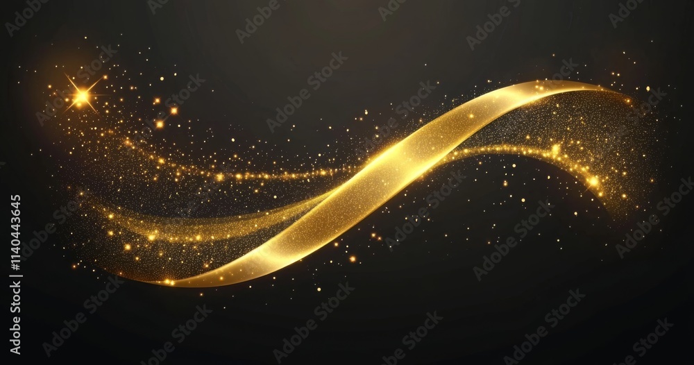Obraz premium Golden wave of light on black, shiny curved lines with glowing dots, luxury glittering gold ribbon for festive card banner