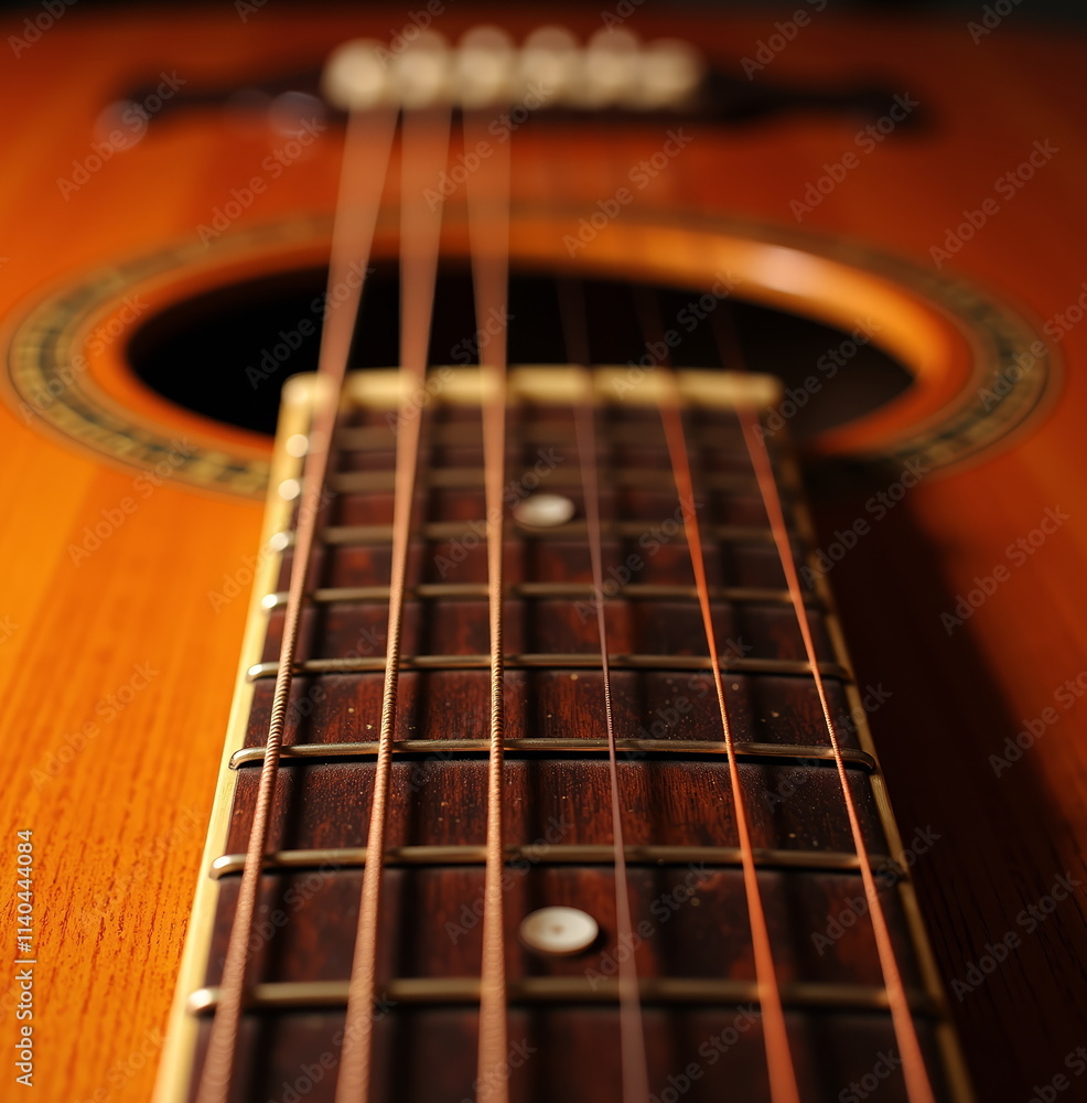 Close-up of acoustic guitar strings and fretboard Close-up of acoustic guitar strings and fretboard