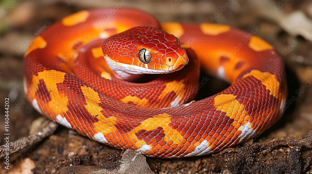 Close-up of a vibrant red and orange snake coiled on the ground. Close-up of a vibrant red and orange snake coiled on the ground.