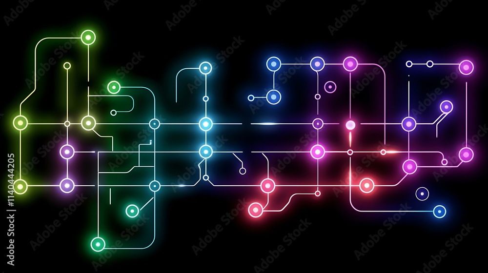 Minimalistic 2D illustration of an electronic circuit board with interconnected glowing nodes in a vibrant neon palette of blue, green, and purple, set against a sleek black backdrop Minimalistic 2D illustration of an electronic circuit board with interconnected glowing nodes in a vibrant neon palette of blue, green, and purple, set against a sleek black backdrop
