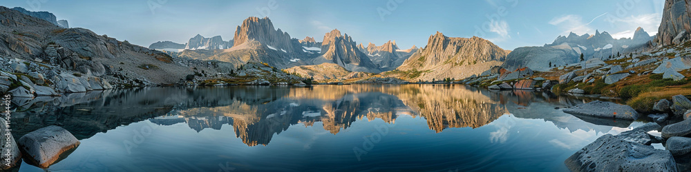 Empty lake sitting between rugged mountains, the calm water reflecting the natural beauty and grandeur of the towering peaks. Empty lake sitting between rugged mountains, the calm water reflecting the natural beauty and grandeur of the towering peaks.