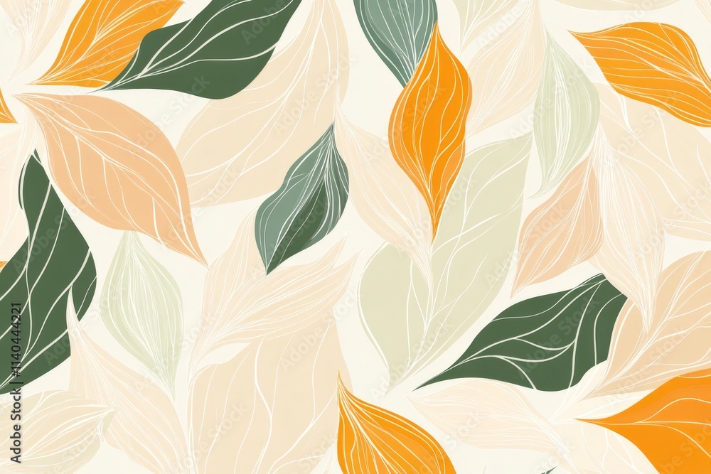 Hand-drawn autumn leaves background with flat design and ample copy space, bright colors in beige, yellow, green, orange tones Hand-drawn autumn leaves background with flat design and ample copy space, bright colors in beige, yellow, green, orange tones