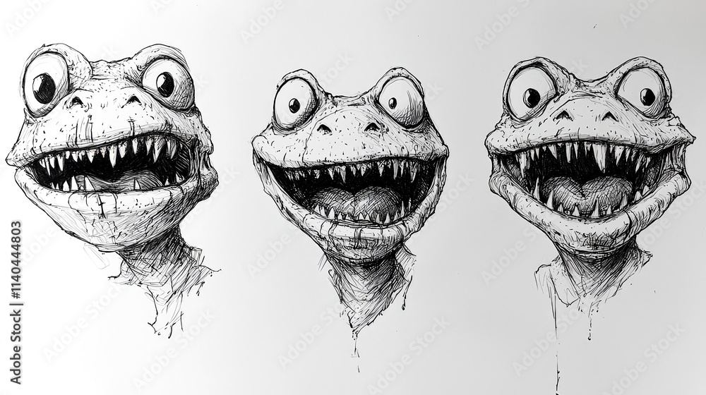 Three cartoonish reptile heads, ink drawing. Three cartoonish reptile heads, ink drawing.