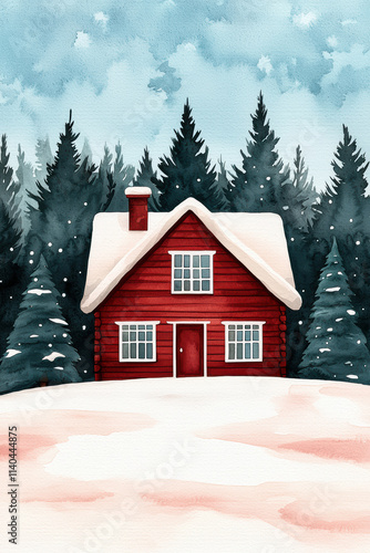 Rustic Christmas cabin decor with natural elements, A charming red house surrounded by snow-covered trees, evoking a cozy winter atmosphere in a serene forest setting.