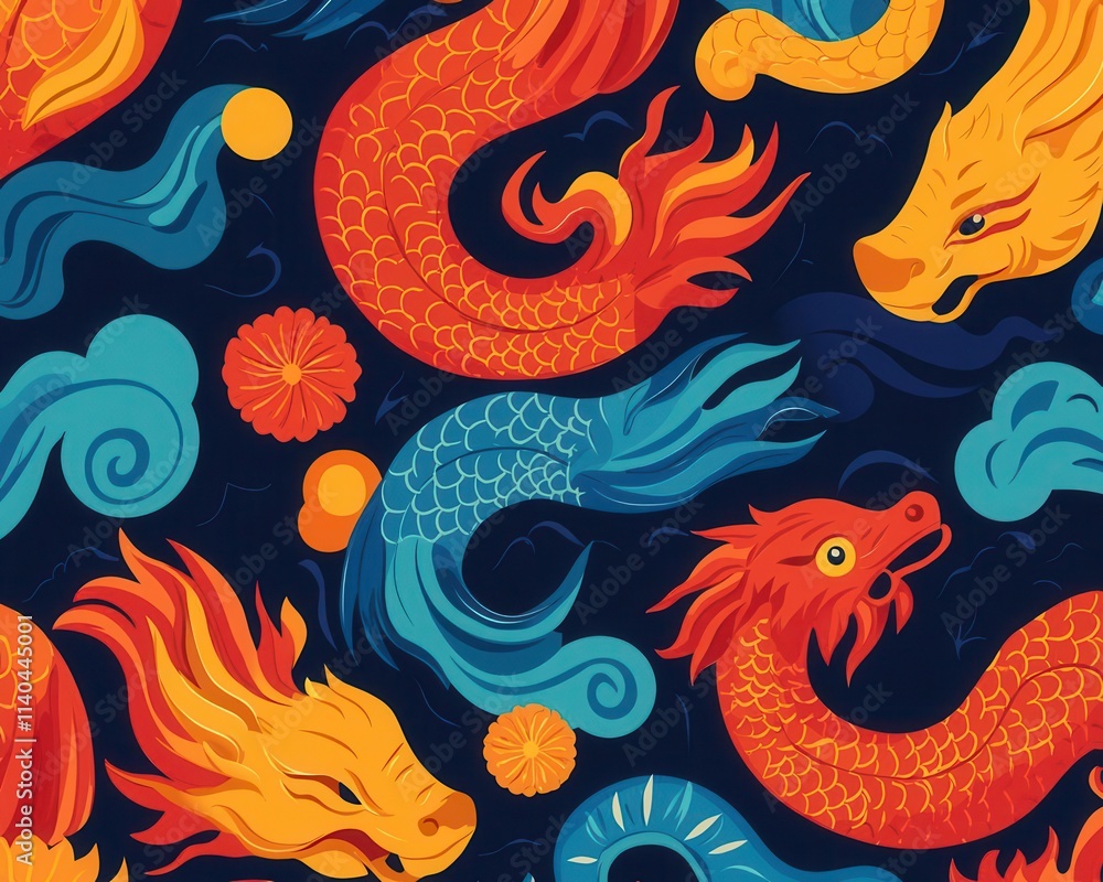 A vibrant Lunar New Year tapestry with the 12 zodiac animals intertwined with glowing prosperity symbols A vibrant Lunar New Year tapestry with the 12 zodiac animals intertwined with glowing prosperity symbols