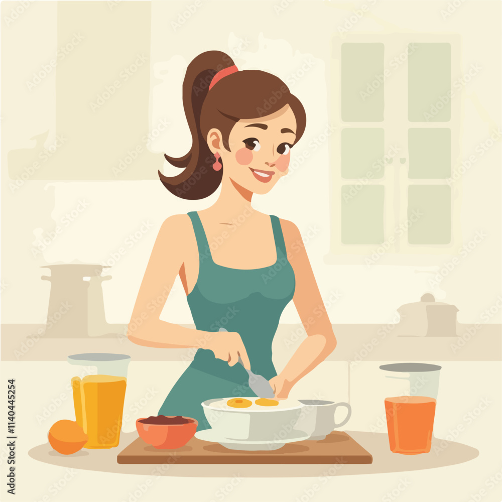 Woman cooking illustration vector design, Housewife cooking breakfast vector design Woman cooking illustration vector design, Housewife cooking breakfast vector design