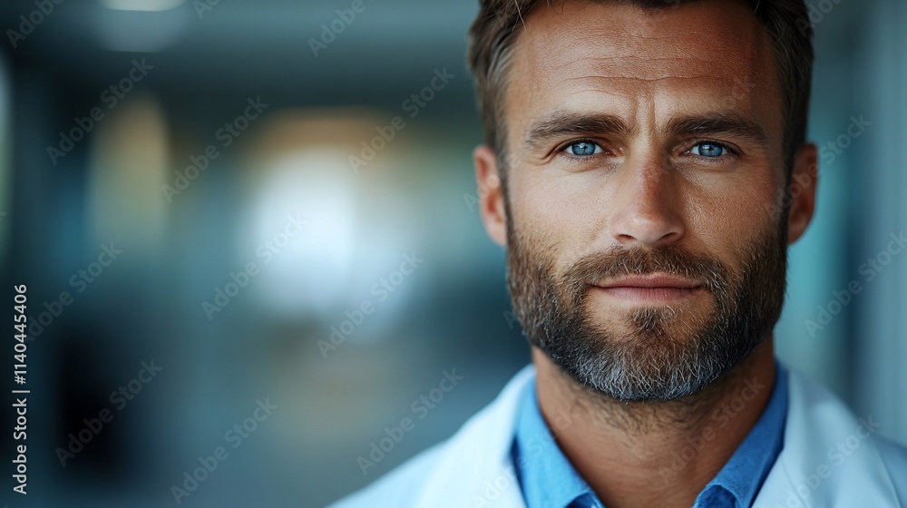 Close-up portrait of a confident man with blue eyes, wearing a white lab coat. Close-up portrait of a confident man with blue eyes, wearing a white lab coat.