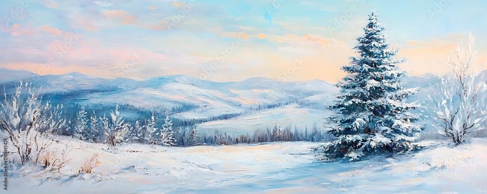 Fototapeta premium Winter Landscape With Snowy Hills And Christmas Tree 