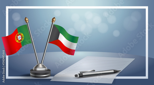 Portugal and Kuwait National flags on small table with bokeh background, cooperative relationship