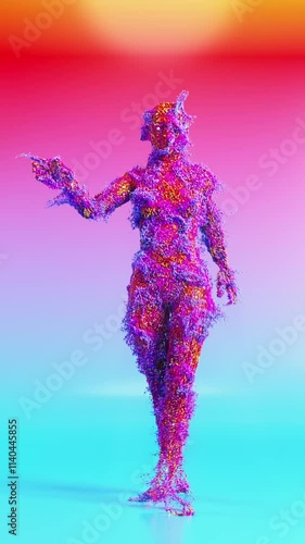 Dancing Female Figure Consisting Of Colorful Globules, Multicolor Background, Motion Graphics, 3D Animation
