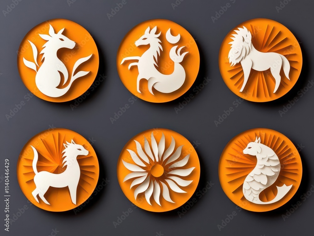 Fototapeta premium The 12 zodiac animals encased in individual glowing papercut panels for a cohesive Lunar New Year set