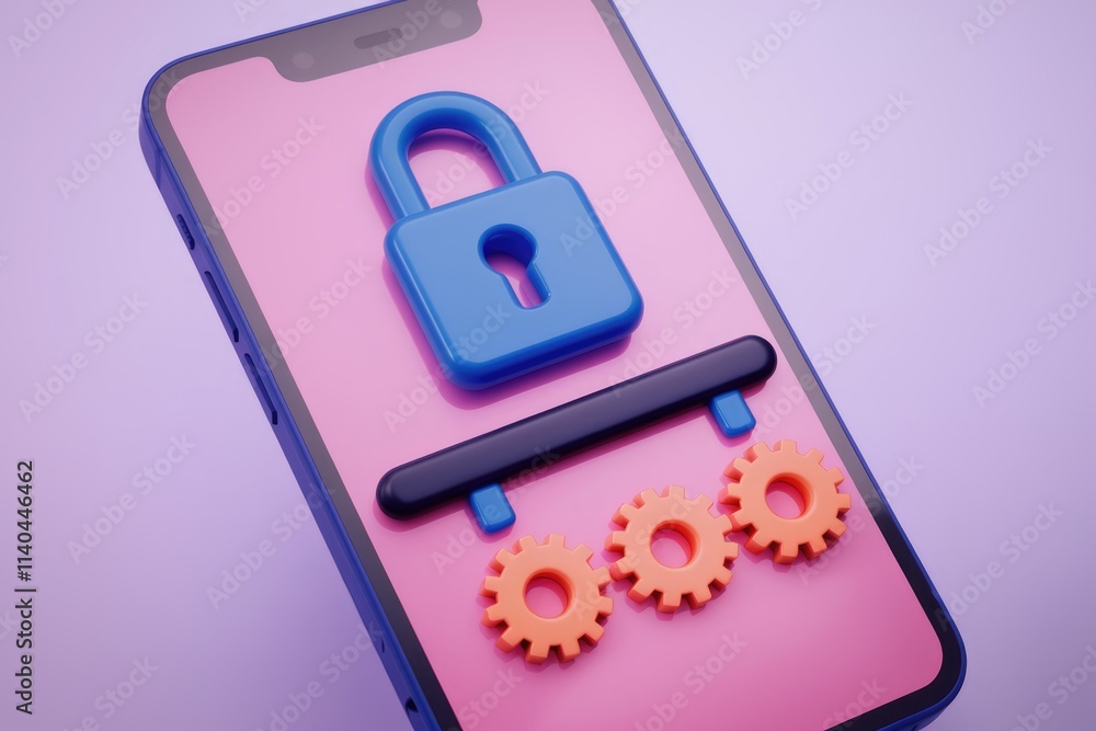 Mobile phone security A padlock and gears represent secure mobile app settings and data protection. Mobile phone security A padlock and gears represent secure mobile app settings and data protection.