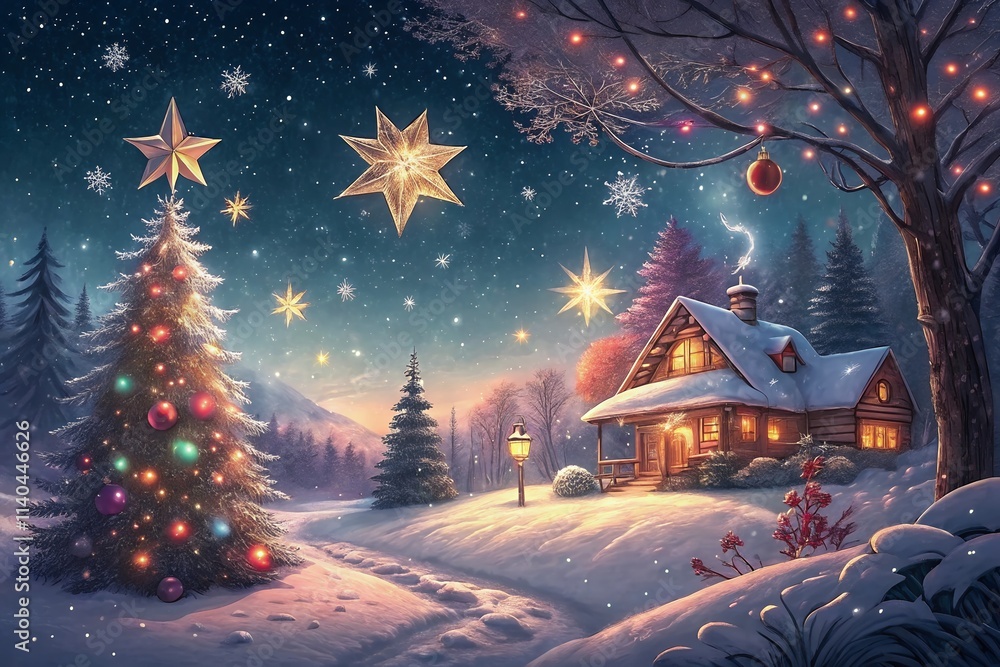 Fototapeta premium christmas tree in the city garlands into a forest with snowy flakes with shape of stars close to xmas gifts in red boxes