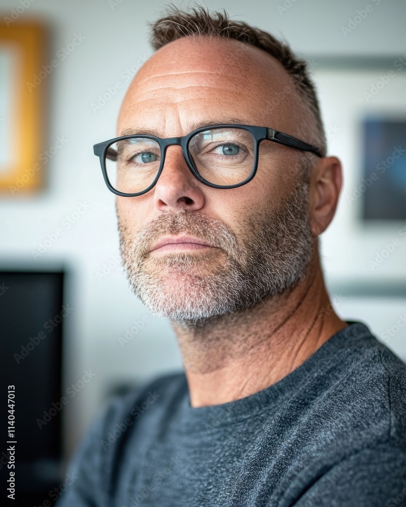 Portrait of a Confident Middle-Aged Man with Glasses in a Modern Office Setting, Featuring a Thoughtful Expression and Stylish Facial Hair Portrait of a Confident Middle-Aged Man with Glasses in a Modern Office Setting, Featuring a Thoughtful Expression and Stylish Facial Hair