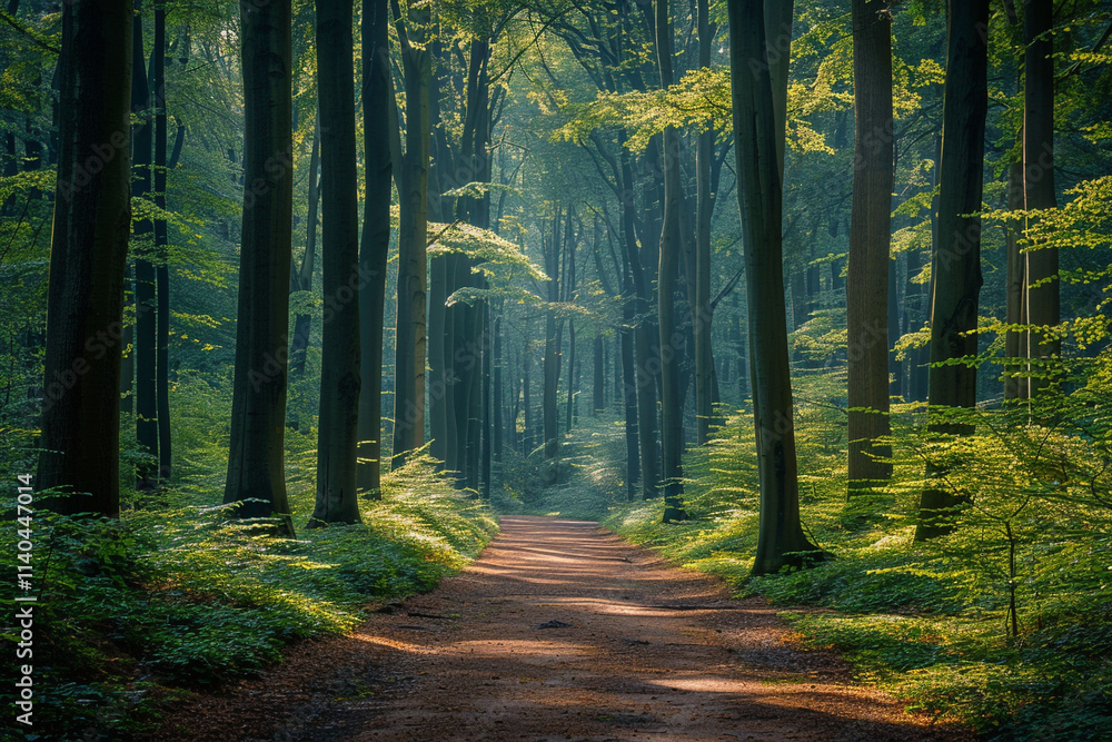 Fototapeta premium Serene path winding through a vibrant green beech forest, creating a natural tunnel effect. Captures the essence of environmental conservation.