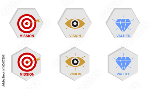 mission vison values icon set in hexagonal shape. vector illustration isolated on white background. photo