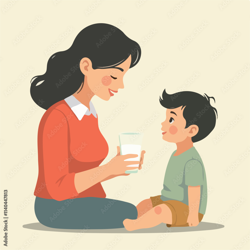 Mother Gives Milk to her boy vector design, boy drinking milk illustration vector design Mother Gives Milk to her boy vector design, boy drinking milk illustration vector design