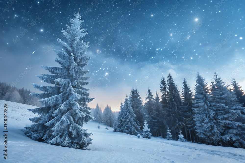 winter forest with snow garlands into a forest with snowy flakes with shape of stars close to xmas gifts in red boxes winter forest with snow garlands into a forest with snowy flakes with shape of stars close to xmas gifts in red boxes