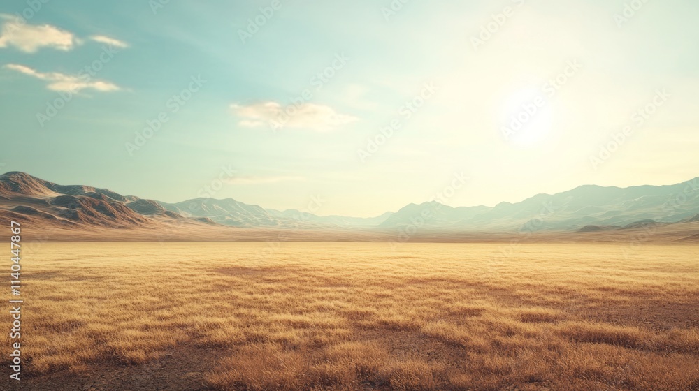 Expansive Desert Landscape Under Clear Blue Sky at Sunrise Expansive Desert Landscape Under Clear Blue Sky at Sunrise