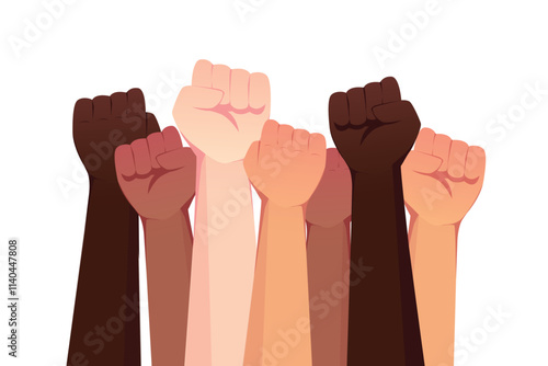 People's hands raised with clenched fists, Hand fist, isolated on a white background. Symbol of love, diversity. Human rights, feminism, equality and women's day concept. Black lives matter movement.