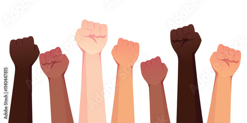 People's hands raised with clenched fists, Hand fist, isolated on a white background. Symbol of love, diversity. Human rights, feminism, equality and women's day concept. Black lives matter movement.
